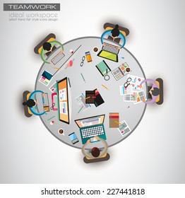 Ideal Workspace for teamwork and brainstorming with Flat style. A lot of design elements are included: computers, mobile devices, desk supplies, pencil,coffee mug, sheets,documents and so on