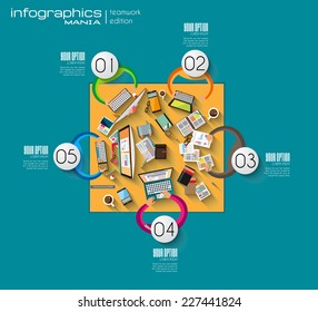Ideal Workspace for teamwork and brainstorming with Flat style. A lot of design elements are included: computers, mobile devices, desk supplies, pencil,coffee mug, sheets,documents and so on