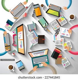 Ideal Workspace for teamwork and brainstorming with Flat style. A lot of design elements are included: computers, mobile devices, desk supplies, pencil,coffee mug, sheets,documents and so on