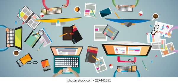 Ideal Workspace for teamwork and brainstorming with Flat style. A lot of design elements are included: computers, mobile devices, desk supplies, pencil,coffee mug, sheets,documents and so on