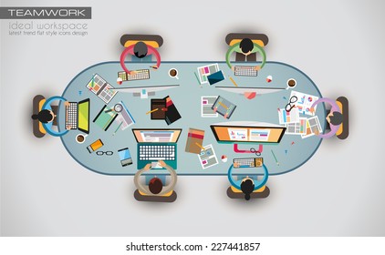 Ideal Workspace for teamwork and brainstorming with Flat style. A lot of design elements are included: computers, mobile devices, desk supplies, pencil,coffee mug, sheets,documents and so on