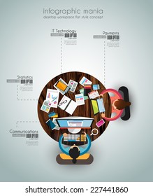 Ideal Workspace for teamwork and brainstorming with Flat style. A lot of design elements are included: computers, mobile devices, desk supplies, pencil,coffee mug, sheets,documents and so on