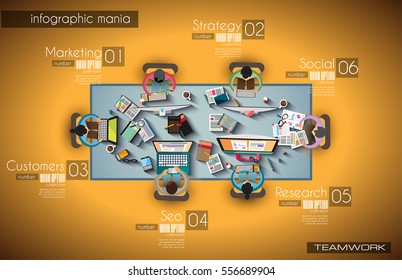 Espacio de trabajo ideal para trabajar en equipo Infografía y lluvia de ideas con estilo Flat. Se incluyen muchos elementos de diseño: ordenadores, dispositivos móviles, material de escritorio, lápiz, taza de café, hojas, documentos