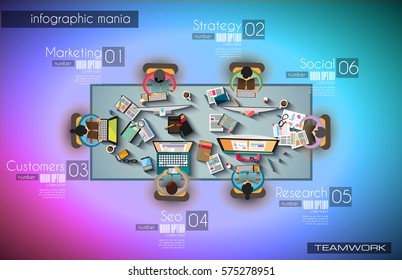Ideal Workspace for teamwork Infograph and brainstorming with Flat style.Lot of design elements are included: computers, mobile devices, desk supplies, pencil,coffee mug, sheeets,documents and so on