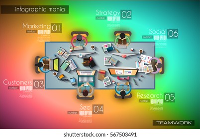 Ideal Workspace for teamwork Infographic and brainstorming with Flat style.Lot of design elements are included: computers, mobile devices, desk supplies, pencil,coffee mug, sheeets,documents and so on