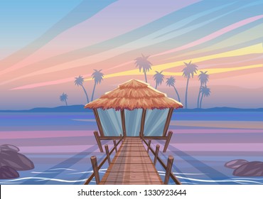 Idealistic landscape on a tropical island, wooden bridge to the bungalow house, vector illustration