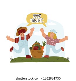 An idealistic rural landscape and farmer and his wife run to a huge basket with fresh vegetables. 100 percent organic hand drawn lettering in speech cloud. Flat vector illustration for your design.