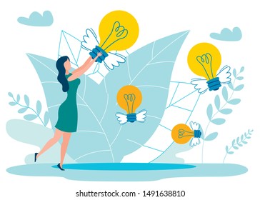 Ideas in Air Metaphor Flat Vector Illustration. Creative Woman, Girl Catching Lightbulb with Wings Cartoon Character. Female Artist Drawing Inspiration, Having Numerous Unusual Suggestions