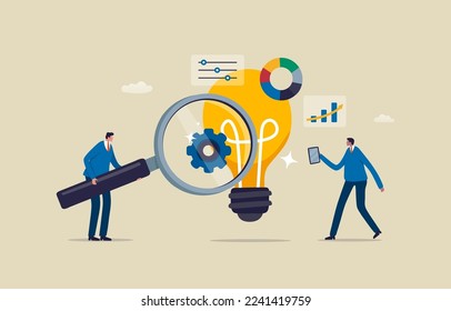 Ideas Analysis for Business. Project initiation, The first step to successful project management.  Two businessmen searching for information from a big light bulb. Illustration