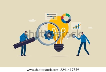 Ideas Analysis for Business. Project initiation, The first step to successful project management.  Two businessmen searching for information from a big light bulb. Illustration
