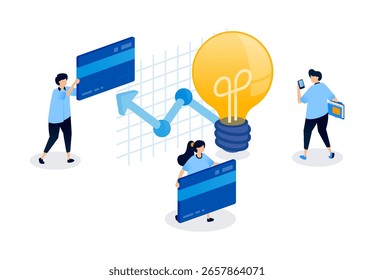 Ideias para Análise e Planejamento de Gastos, Orçamentos e Uso de Cartão de Crédito no Financial Management. Ilustração Criativa para Site, Página Inicial, Aplicativos Móveis, Panfleto de Inicialização, Faixa e Design de Anúncios