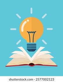 Ideas book on light bulb. Power of knowledge sign. Vector illustration. Creative thinking idea and brain training concept flat design style stock illustration