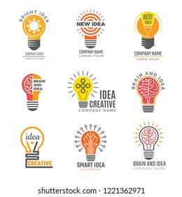 Ideas bulb logotypes. Colorful creative lamp shape smart symbols powerful vector logotypes. Illustration of bulb idea logotype, intelligence brain badge