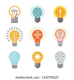 Ideas bulb symbols. Creative tech innovation electrical icon for business logotype vector colorful various templates. Illustration of idea bulb, innovation business logo