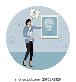 Ideas and bulbs concept of saving natural energy for sustainability. Woman presenting a sustainability concept featuring a light bulb with a plant inside. Flat vector modern illustration 