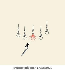 Ideas with a burning light bulb. Creative idea in business vector concept with businessman. Symbol of creativity, inspiration, imagination, innovation. Vector illustration.
