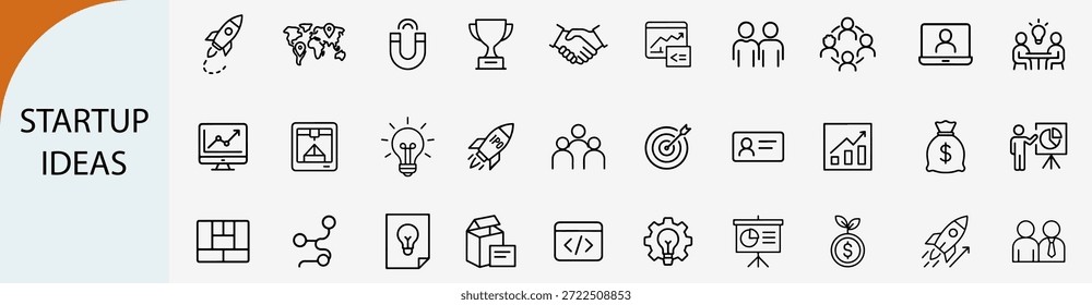“Ideas de startups y negocios lanzan conjunto de iconos lineales, Ilustración vectorial de innovación”