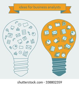 Ideas in business. Tools and services for network work. Light bulb with icons in flat style on office theme, programs, slides. Vector illustration concept of breakthrough thought and enlightenment.
