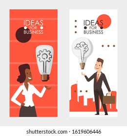 Ideas for business, vector illustration. Vertical banners set, man and woman holding light bulb as symbol of idea. Business people cartoon character in flat style, successful project manager startup