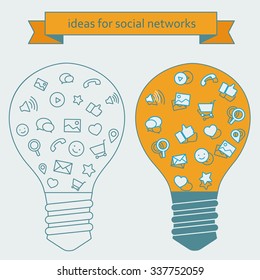 Ideas in coding. Tools and services for network work. Light bulb with icons in flat style on office theme, programs, slides. Vector illustration concept of breakthrough thought and enlightenment.
