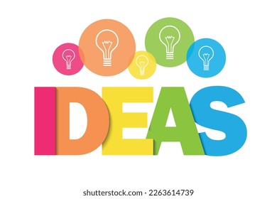 Tipografía vectorial colorida IDEAS con símbolos bombillos