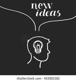 Ideas concept art, hand drawn vector outline icon, male profile silhouette, text bubble, isolated on blackboard background