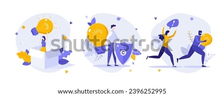 Ideas copyright protection flat concept vector illustrations set. Creative work safety regulation cartoon composition. Insights theft punishment design for website, mobile, presentation