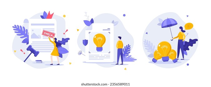 Ideas copyright security flat concept vector illustrations set. Laws protecting authors property cartoon composition. Intellectual property legal guarantee idea for website, mobile, presentation