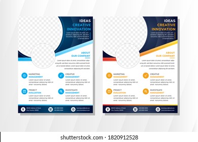 ideas creative innovative brochure design use vertical layout. white background. white background and blue orange gradient colors element design. circle shape of photo space.