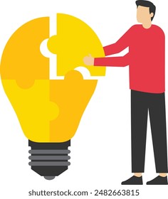 ideas, creativity or innovation to fix a problem or problem concept, Problem solver, get the solution to overcome difficulties, Businessman solving light bulb idea puzzle by connecting last jigsaw pie