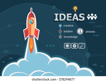 Ideas design and concept background with rocket. Ideas concepts for web banner and printed materials.