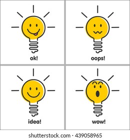 Ideas, emotions. Light bulb smiley face, set of vector icons.