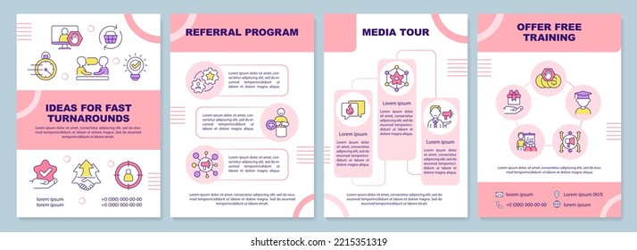Ideas for fast turnarounds pink brochure template. Marketing. Leaflet design with linear icons. Editable 4 vector layouts for presentation, annual reports. Arial-Black, Myriad Pro-Regular fonts used