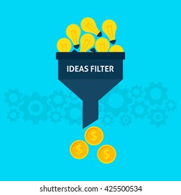 Ideas Filter Flat Style Concept. Vector Illustration of Data Funnel and Creative Process.
