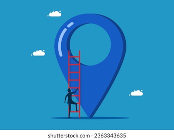 Ideas for finding a business location. Businessman climbs the stairs on pin icon