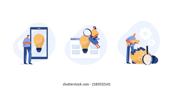 Ideas and finding inspiration. Creating new innovations for business or researching knowledge. Flat Character with Light Bulb. 