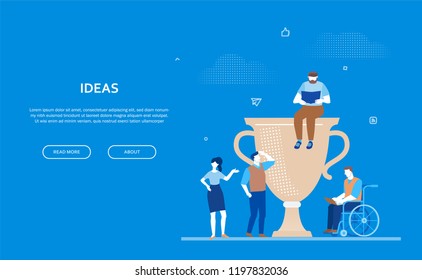 Ideas - flat design style colorful web banner on blue background with copy space for your text. Composition with employees, a cup, prize. Disabled person working at laptop. Business success concept