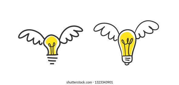 Ideas fly, light bulb with wings doodle illustration