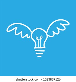 Ideas fly, light bulb with wings doodle illustration