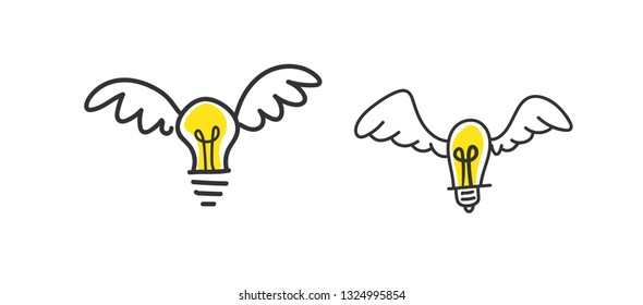 Ideas fly, light bulb with wings doodle illustration