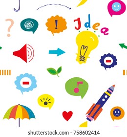 Ideas funny seamless pattern with symbols and objects. Vector graphic illustration