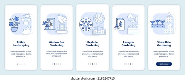 Ideas for gardeners light blue onboarding mobile app screen. Walkthrough 5 steps editable graphic instructions with linear concepts. UI, UX, GUI template. Myriad Pro-Bold, Regular fonts used