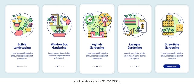 Ideas for gardeners onboarding mobile app screen. Vegetation walkthrough 5 steps editable graphic instructions with linear concepts. UI, UX, GUI template. Myriad Pro-Bold, Regular fonts used