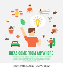 Ideas generating creativity and inspiration concept with flat male figure vector illustration