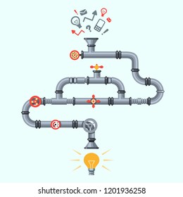 Ideas generator. Idea generation machine, industry pipeline factory machines with lighting lamp. Business process, success creative problem solving pipe flat vector concept