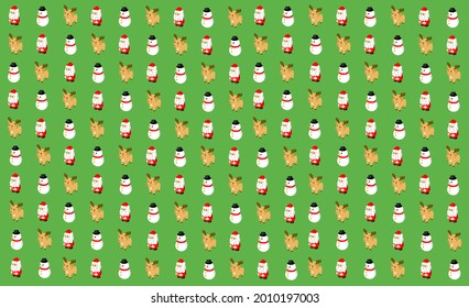 Ideas: gift wrap, background, illustration, Santa Claus, snowman, and reindeer Lots of them are arranged in horizontal and alternating rows in each row on a green background.