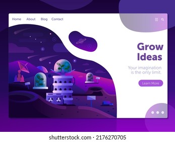 Ideas Grow Motivation Banner With Plant Sprouts Growing On Planet Surface. Space Colonization Themed Landing Page Illustration With New Life Beginning On Alien Planet. Universe Exploration Landscape.