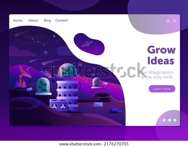 Ideas grow motivation banner with plant\
sprouts growing on planet surface. Space colonization themed\
landing page illustration with new life beginning on alien planet.\
Universe exploration\
landscape.