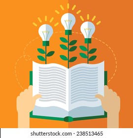 ideas growing from book. flat vector illustration