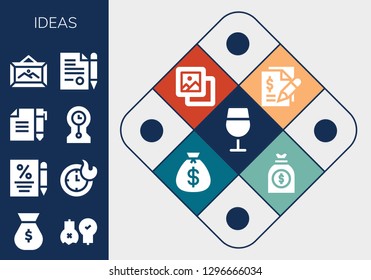  ideas icon set. 13 filled ideas icons. Simple modern icons about  - Wine glass, Money bag, Ideas, Contract, Clocks, Frame, Background